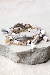 Lulus Brilliant Dreams Grey Suede Beaded Tassel Bracelet