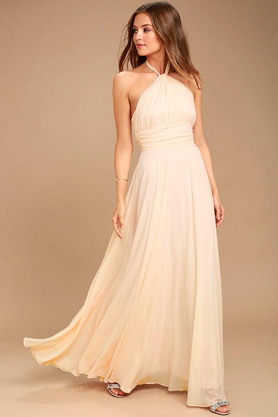 Lulus | Dance Of The Elements Pale Peach Maxi Dress | Size Small | Pink | 100% Polyester