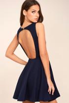 Lulus Gal About Town Navy Blue Backless Skater Dress