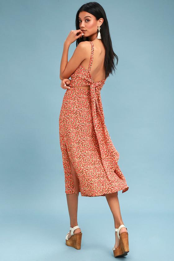 Faithfull The Brand Katergo Coral Pink Floral Print Backless Midi Dress | Lulus