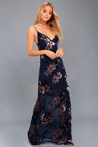 Lulus Midnight Love Navy Blue Velvet Floral Print Maxi Dress