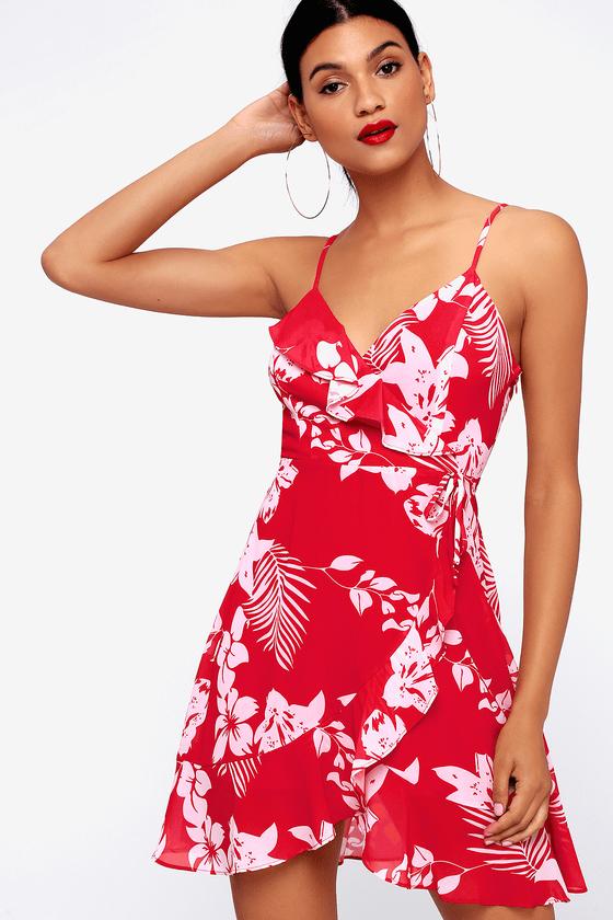 Islet It Be Red Tropical Print Ruffled Mini Dress | Lulus