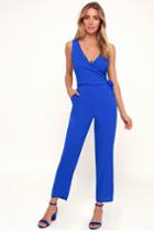 Like It Like That Cobalt Blue Sleeveless Surplice Jumpsuit | Lulus