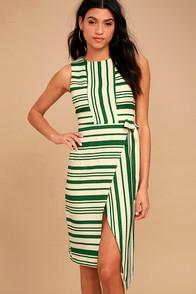 J.o.a. Faustina Green Striped Midi Wrap Dress