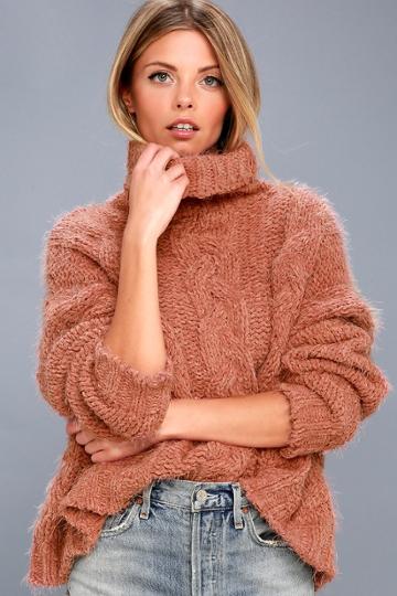 Dance & Marvel Cozy Down Blush Knit Turtleneck Sweater | Lulus