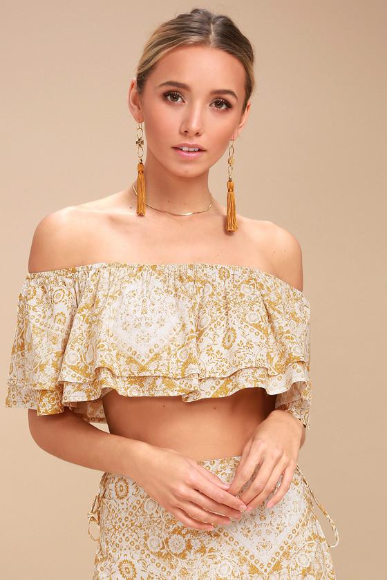 Sage The Label Dream Dancer Mustard Yellow Print Off-the-shoulder Crop Top | Lulus