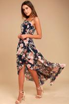 Reflection Navy Blue Floral Print High-low Wrap Day Dress | Lulus