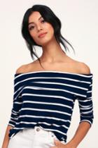 Lulus Basics Fairhaven Navy Blue And White Striped Off-the-shoulder Top | Lulus
