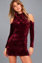 Lulus | A Little Crush Burgundy Velvet Cold-shoulder Bodycon Dress | Size Medium | Red | 100% Polyester