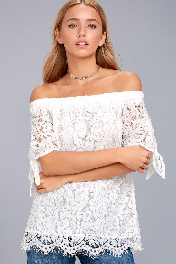 Lulus | Ethereal View Ivory Lace Off-the-shoulder Top | Size X-small | White | 100% Polyester