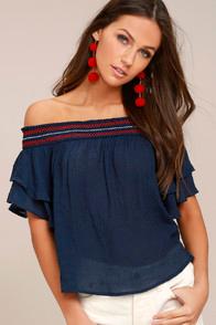 Lulus Que Sera Navy Blue Embroidered Off-the-shoulder Top