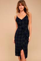 Lulus | Candid Moments Navy Blue Plaid Ruffled Midi Dress