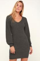 Heart Of Mine Charcoal Grey Balloon Sleeve Knit Sweater Dress | Lulus