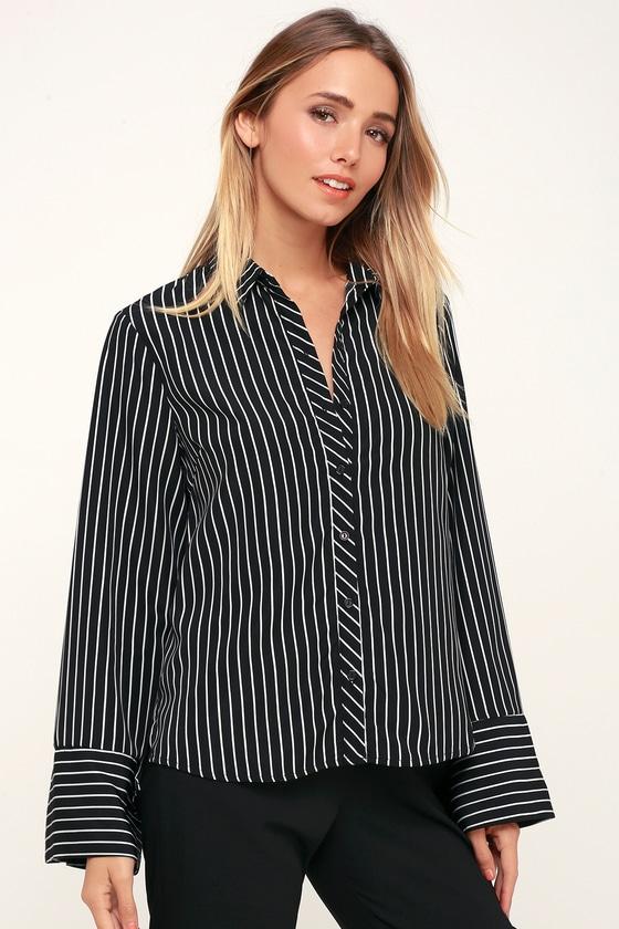 Lush Zofia Black And White Striped Long Sleeve Button-up Top | Lulus