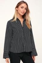 Lush Zofia Black And White Striped Long Sleeve Button-up Top | Lulus