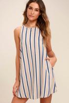 Lulus | Broad Horizons Beige Striped Shift Dress | Size Large | 100% Polyester