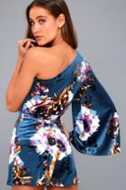 Ali & Jay Love On The Run Blue Velvet Floral Print One-shoulder Romper | Lulus