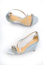 Jewel By Badgley Mischka Little Silver Satin Wedge Dress Sandal Heels | Lulus