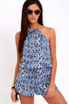 Lulus You Bet Ivory And Blue Print Halter Romper