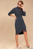 Moon River Fable Navy Blue Striped Long Sleeve Midi Dress | Lulus