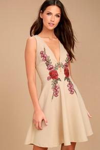 Lulus Romantic Rose Beige Embroidered Skater Dress