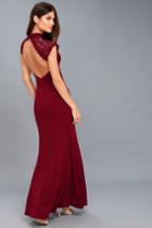 Lulus | Crazy About You Burgundy Backless Lace Maxi Dress | Size Large | Red | 100% Polyester