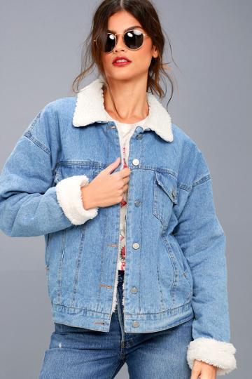 I. Madeline | Mountain Chalet Medium Wash Denim Shearling Jacket | Size Small | Blue | 100% Polyester | Lulus