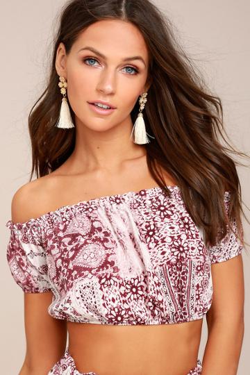 Lulus | Attention To Detail Burgundy Print Off-the-shoulder Crop Top | Size X-large | Red | 100% Rayon