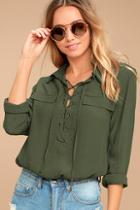 Lulus Once In A Lifetime Olive Green Lace-up Top