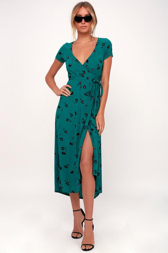 Billabong Wrap Me Up Teal Green Floral Print Wrap Midi Dress | Lulus