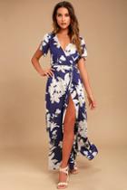 Lulus Azalea Regalia Navy Blue Floral Print Wrap Maxi Dress
