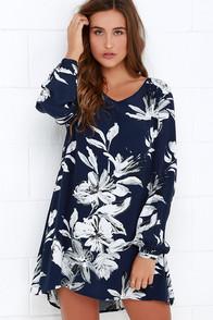 Lulu*s Sunday Mood Navy Blue Floral Print Shift Dress