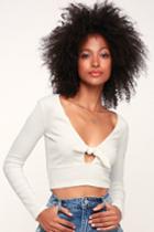 Poppi White Ribbed Tie-front Long Sleeve Crop Top | Lulus