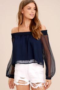 Glamorous Self-confident Navy Blue Off-the-shoulder Crop Top