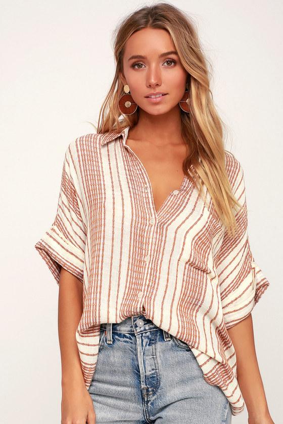Everyday Vacay Cream And Tan Striped Button-up | Lulus