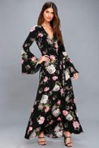 Lulus | Floralina Black Floral Print Wrap Maxi Dress | Size Large | 100% Polyester