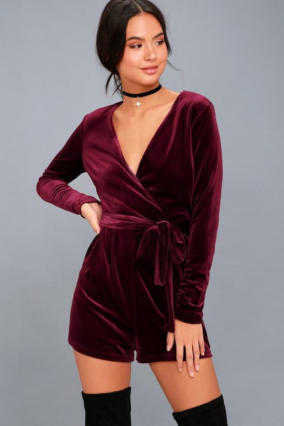 Lulus | Romantic Moves Burgundy Velvet Long Sleeve Romper | Size Large | Purple | 100% Polyester