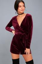 Lulus | Romantic Moves Burgundy Velvet Long Sleeve Romper | Size Large | Purple | 100% Polyester