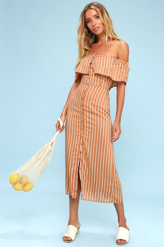 Amuse Society Roundabout Light Brown Striped Button-up Off-the-shoulder Dress | Lulus