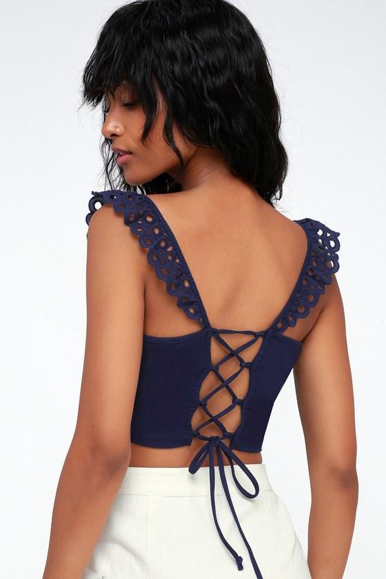 Paramount Navy Blue Eyelet Lace-up Crop Top | Lulus