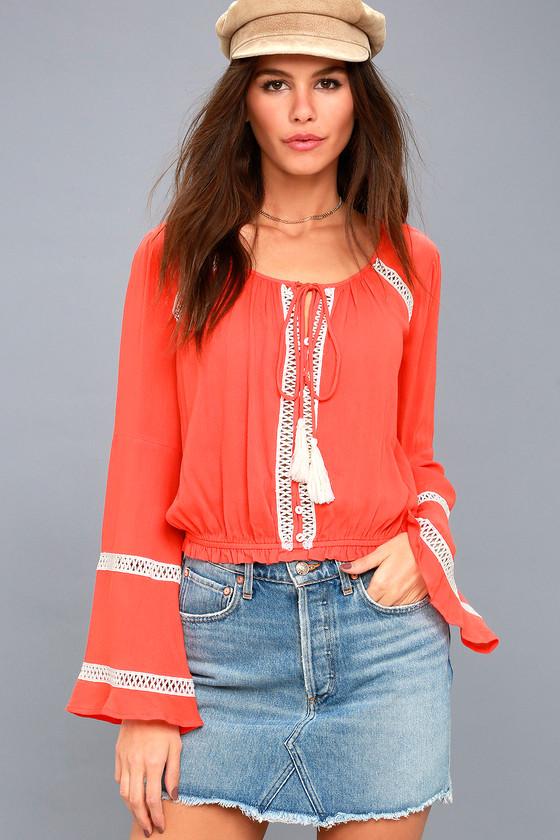 Simpler Times Coral Orange Long Sleeve Crop Top | Lulus