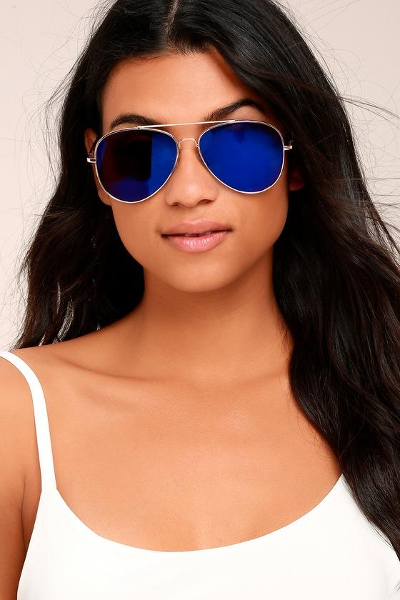 Lulus | Keola Gold And Blue Aviator Sunglasses | 100% Uv Protection