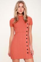 Free People Lottie Coral Pink Ribbed Button-front Mock Neck Sweater Dress | Lulus