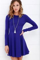 Lulus | Forever Chic Royal Blue Long Sleeve Dress | Size Large | 100% Polyester