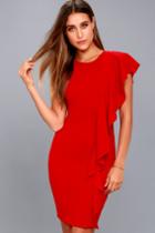 Lulus | Tender-hearted Red One Shoulder Bodycon Midi Dress | Size Medium | 100% Polyester