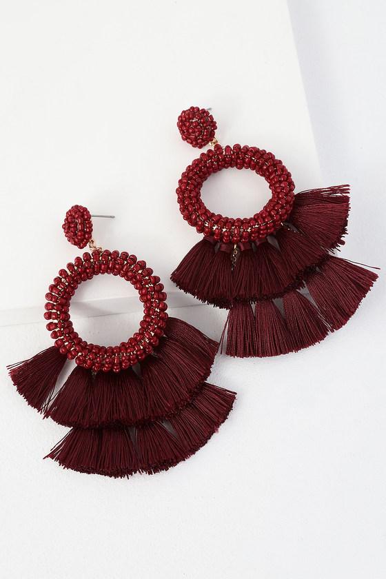 Darrisha Burgundy Beaded Tassel Statement Earrings | Lulus