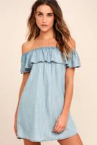 Standout Style Light Blue Chambray Off-the-shoulder Dress | Lulus