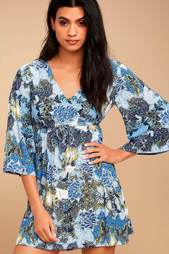 Jack By Bb Dakota | Faira Blue Floral Print Dress | Size X-small | 100% Rayon | Lulus
