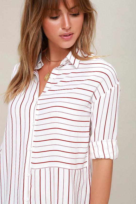 Well Worn White And Red Striped Button-up Top | Lulus