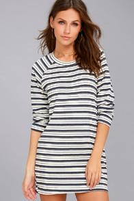 Obey Woodridge Navy Blue Striped Long Sleeve Shift Dress